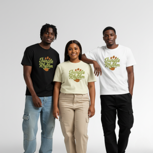 15 A group of models wearing the Jungle Rhythm tee