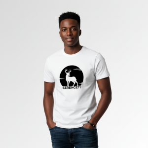 A young black male model wearing the white serengeti tee