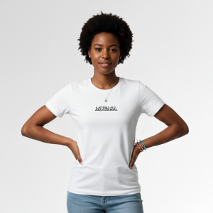 Model in white mufasa tee