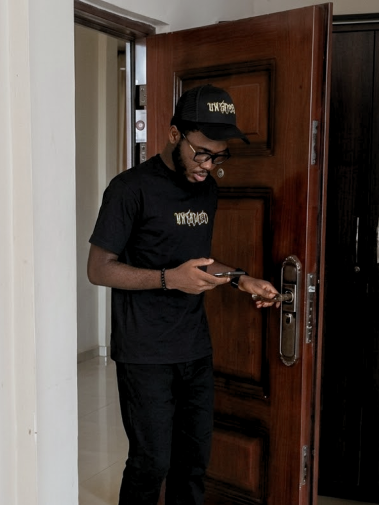A young African guy wearing the Untamed Tee and the Untamed Trucker Hat from DripAfrika, both in the black colorway